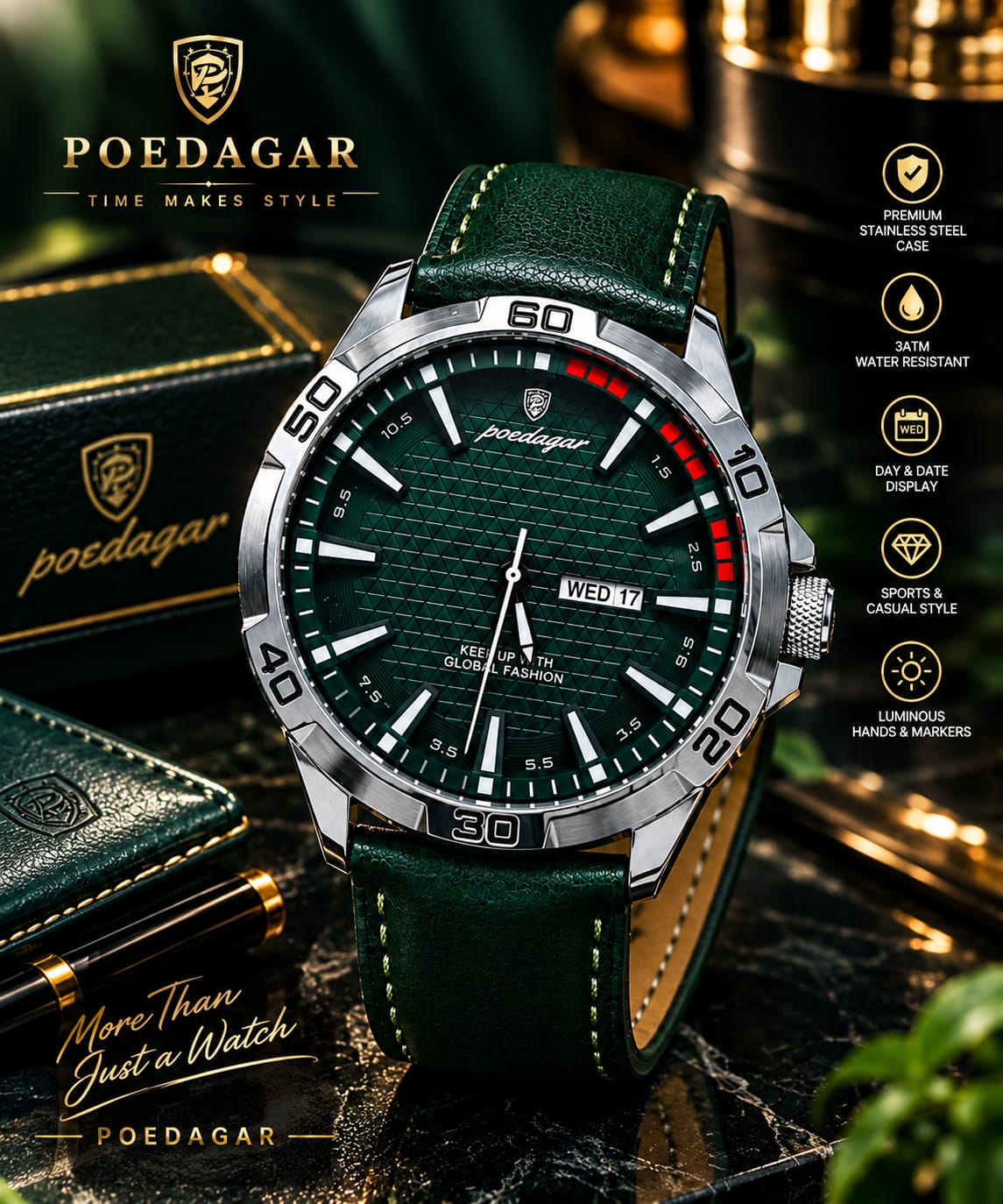 POEDAGAR 895B Men's Luxury Deep Green Dial Leather Strap Analog Watch