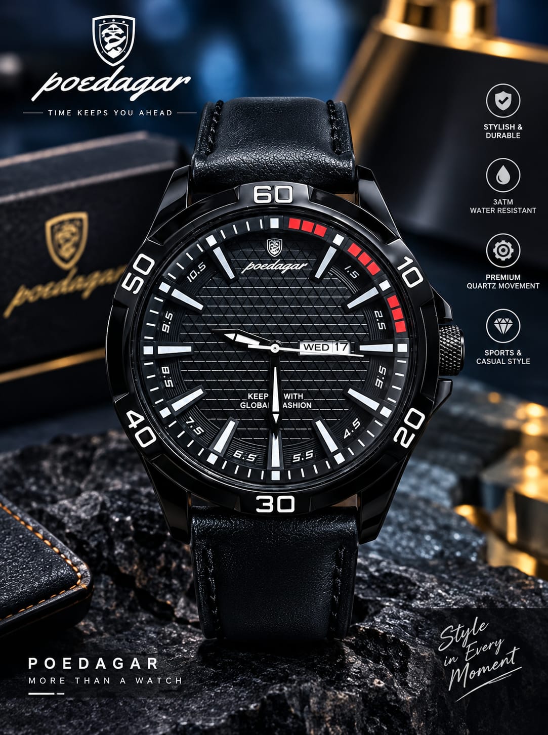 POEDAGAR 895B Men's Luxury Black Dial Leather Strap Analog Watch
