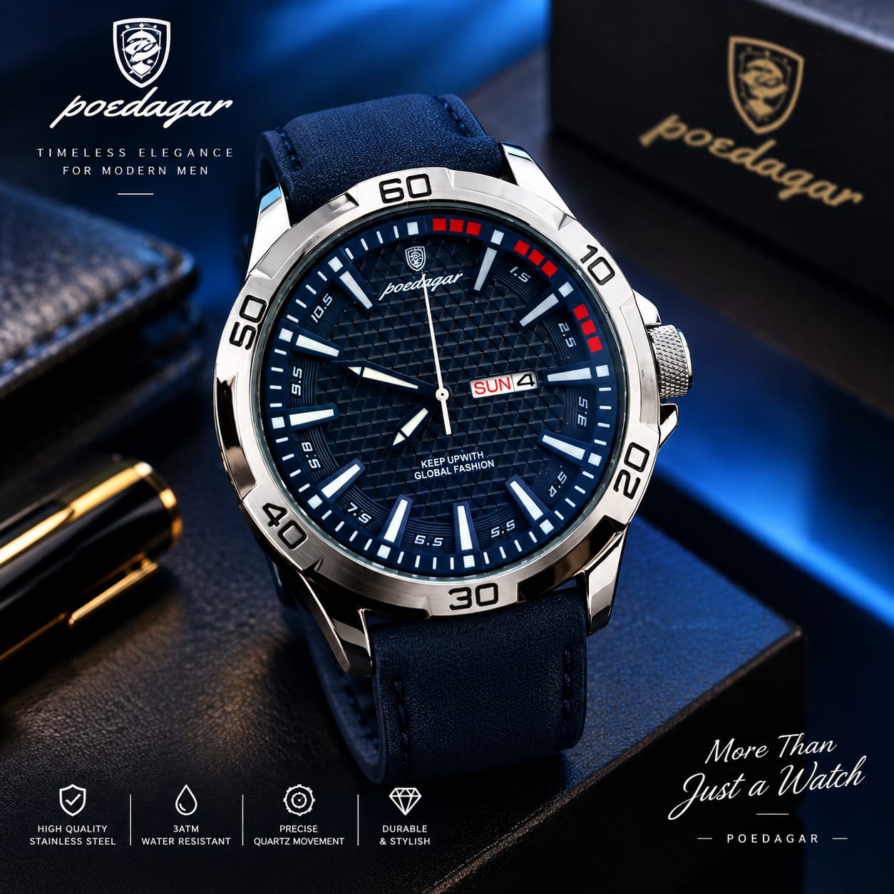 POEDAGAR 895B Men's Luxury Ase Blue Dial Leather Strap Analog Watch