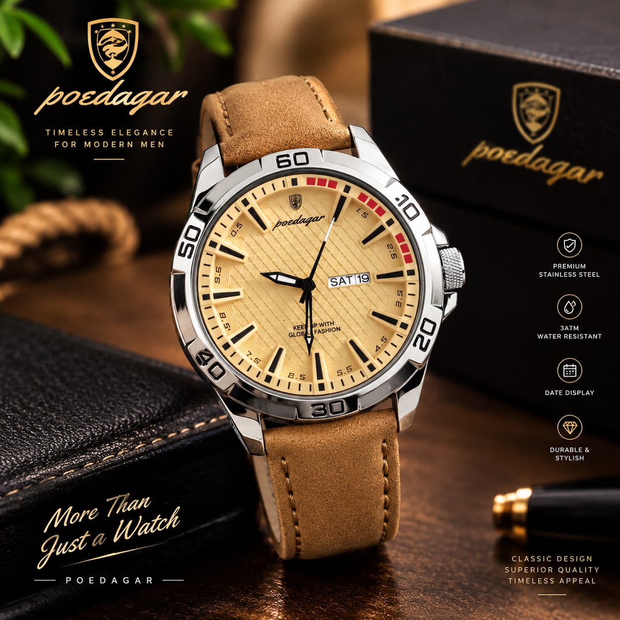 POEDAGAR 895B Men's Luxurby Belt-Camel tone Brown  Dial-Sampen Gold Analog Watch