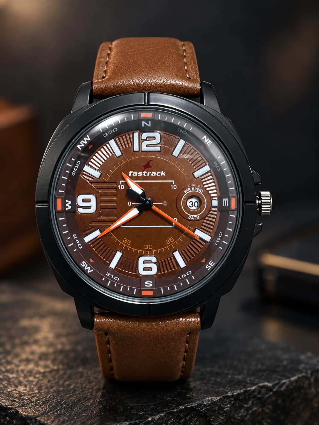 Fastrack 12509 Stylish Brown Dial Black Case Leather Strap Watch
