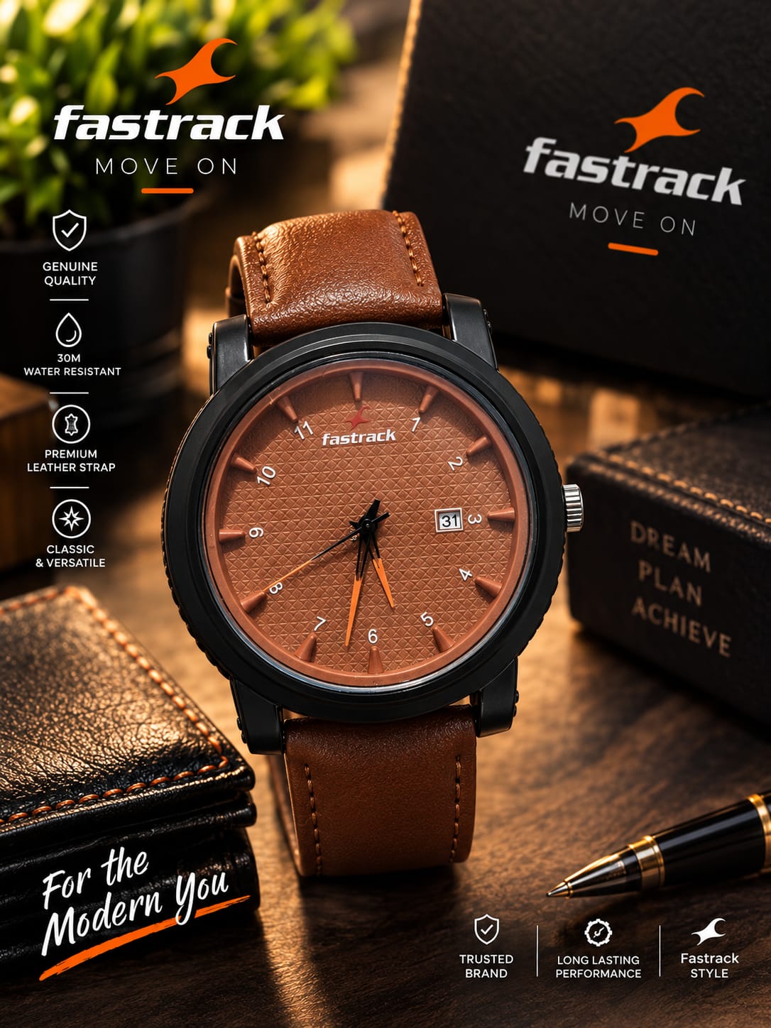 FASTRACK 10571/01  BELT & DAIL অরেঞ্জ BLACK CASE