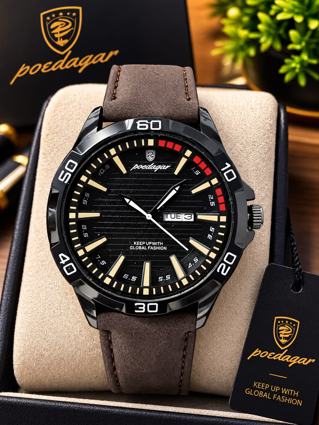 POEDAGAR 895B Men's Luxury  Coffe Belt Black Dail Analog Watch