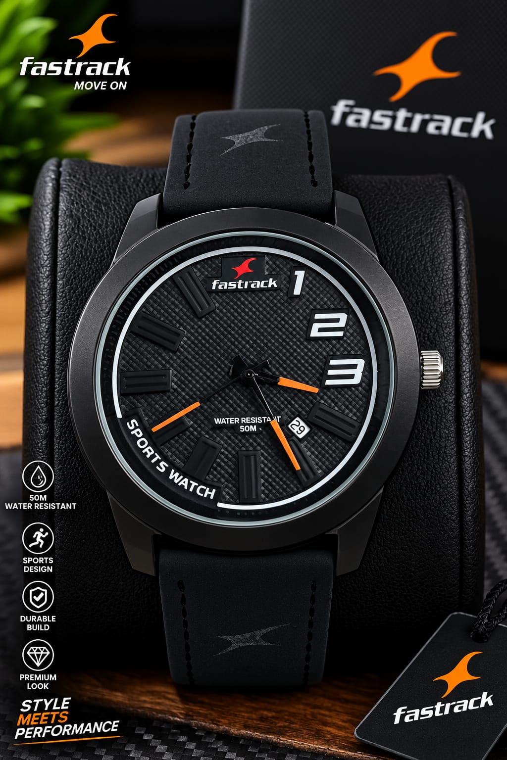 Fastrack 13975 Full  Black Leather BELT  Watch for